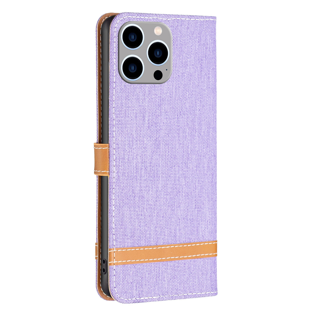 PU Leather + TPU Phone Case for iPhone 15 Pro Max Jeans Cloth Splicing Wallet Stand Anti-scratch Cover - Purple PU Leather + TPU Phone Case for iPhone 15 Pro Max Jeans Cloth Splicing Wallet Stand Anti-scratch Cover - Purple